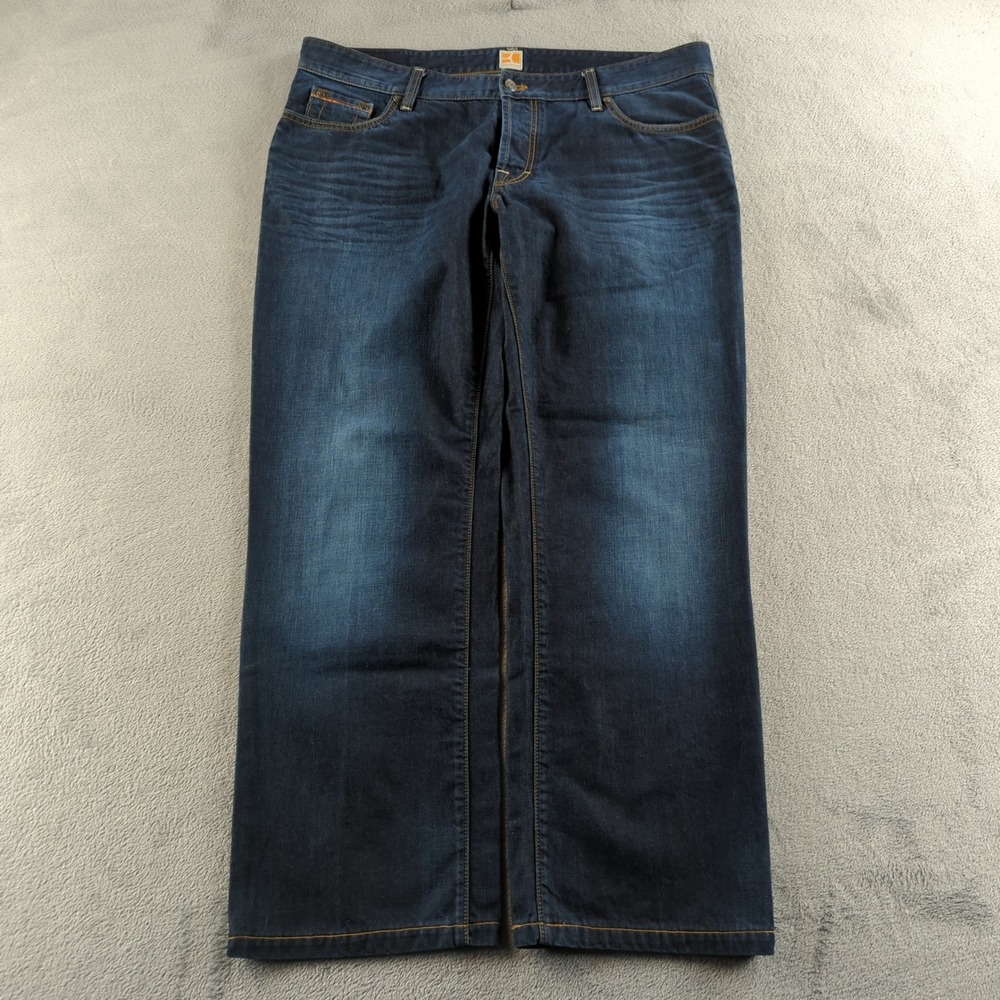 Boss Orange Jeans Mens 40 Blue Dark Wash Faded Straight Button Fly Y2K Style